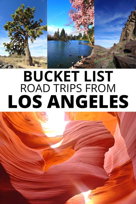 Bucket list road trips from Los Angeles, including Joshua Tree National Park, Portland OR, Palm Springs CA, and Antelope Canyon AZ. California Day Trips, California National Park Road Trip, California Roadtrip, Best Road Trips, California Road Trip, California Travel Guide, Usa Destinations, Travel California, Crater Lake National Park