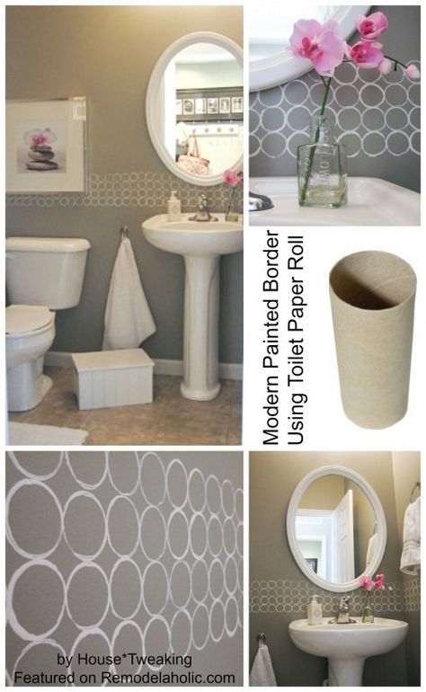 Modern Painted Border using Toilet Paper Roll stencil Painted Border Ideas, Painted Wall Borders, Bathroom Stencil, House Tweaking, Wall Borders, Bedroom Wall Paint, Pvc Wall, Wallpaper Border, Diy Cabinets