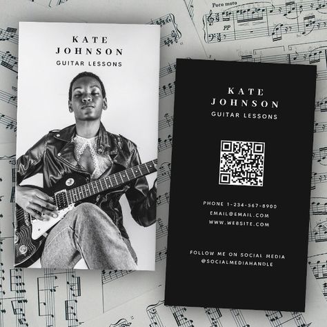 Guitar Lessons Musician Photo Social Media QR Code Business Card Personal Visiting Card Design, Musician Business Card Ideas, Business Card For Musicians, Business Cards For Photographers, Business Card Design With Photo, Portrait Business Card, Business Card Photo, Singer Business Card, Business Card With Photo