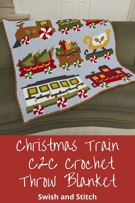 The merry and bright Christmas Train Throw is the perfect blanket to bring a touch of nostalgia into your holiday decorating. It features a gingerbread engine, bright red caboose, Christmas presents and trees, a festive sleigh, and peppermint wheels. Lego Christmas Train, Train Crochet, Corner To Corner Crochet Pattern, Crochet Quilt Pattern, Crochet C2c Pattern, Christmas Afghan, Crochet Throw Pattern, Merry And Bright Christmas, Crochet Dolls Free Patterns