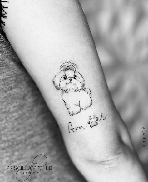 Shitzu Puppies Tattoo, Shih Tzu Memorial Tattoo, Shih Tzu Tattoo Minimalist, Shitzu Tattoos, Shih Tzu Tattoo, Pet Portrait Tattoos, Little Heart Tattoos, Puppy Tattoo, Luna Tattoo