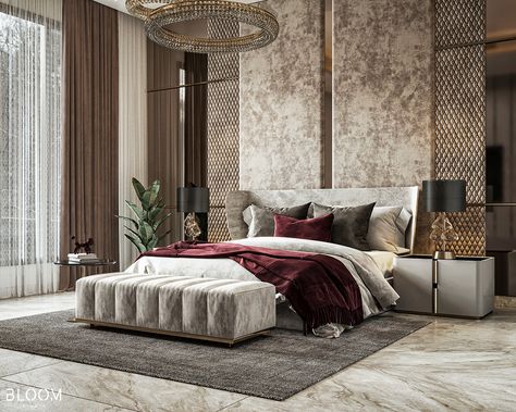 Luxury Master Bedroom Design | Behance Modern Lux Bedroom, Black Gold Bedroom Ideas, Lux Bedroom, Gold Bedroom Ideas, Black Gold Bedroom, Bedroom Ideas For Women, Elegant Bedroom Design, Gold Bedroom Decor, Stylish Bedroom Design