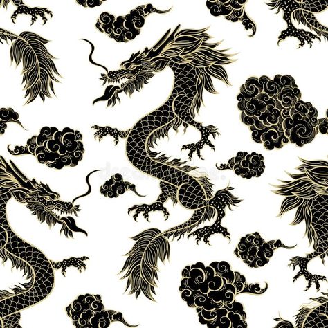 Oriental black dragon flying in clouds seamless pattern. Traditional Chinese mythological animal stock illustration Dragon Flying Up Tattoo, Traditional Chinese Dragon Art, Chinese Patterns Traditional, Traditional Chinese Aesthetic, Dragon Pattern Design, Chinese Dragon Illustration, Chinese Dragon Pattern, Black Dragon Tattoo, Dragon Flying