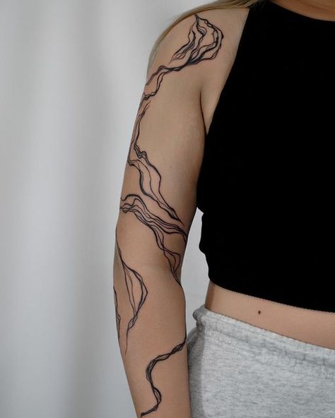 Carol Wang on Instagram: "🤍done at @jopombc" Swirl Tattoo Sleeve, Unique Wrap Around Tattoo, All Elements Tattoo, Water Wrap Tattoo, Tattoo Lines Around Arm, Winding Arm Tattoo, Swirly Line Tattoo, Wavy Liquid Tattoo Leg, Water Wrap Around Tattoo