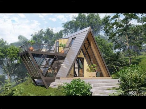 Small Rest House Design, Small House Design Ideas, Modern A Frame Cabin, Tiny Home Plans, Pyramid House, Modern A Frame, A Frame Cabin Plans, Modern Wooden House, Triangle House