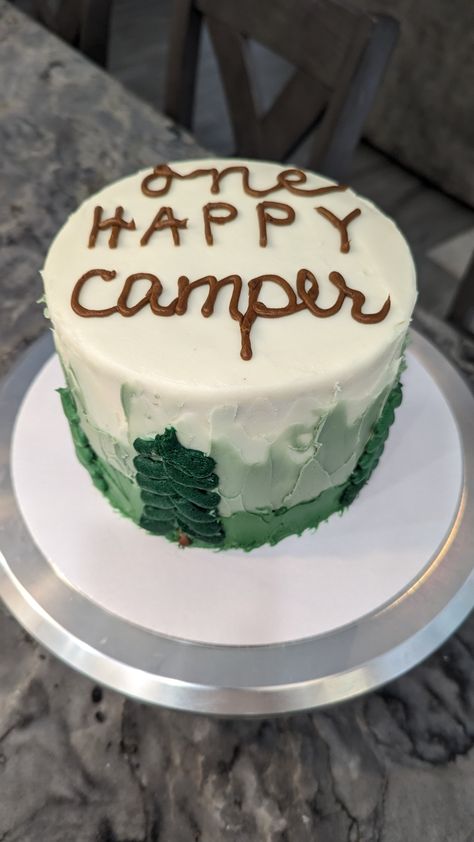 Campfire Smash Cake First Birthdays, Happy Camper Cake Ideas, Happy Camper Smash Cake Diy, One Happy Camper First Birthday Sign, Camping Themed Smash Cake, Smash Cake One Happy Camper, One Happy Camper Pictures, Camp Smash Cake, One Happy Camper First Birthday Smash Cake