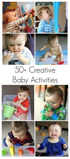 Over 50 ways to entertain your baby! Creative ideas for first art projects and TONS of ideas for edible (taste-safe) sensory play from Fun at Home with Kids Activities For Babies, Baby Play Activities, Baby Activities, Toddler Play, Toddler Fun, Baby Diy, Baby Sensory, Baby Time, Baby Development