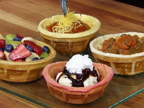 Dash Mini Waffle Bowl Maker Recipes, Waffle Bowl Recipes, Waffle Bowl Maker Recipes, Waffle Bowl Desserts, Waffle Bowl Recipe, Waffle Bowl Maker, Brownie Bowls, Mini Pie Maker, Waffle Bowl