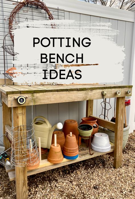 potting bench with pots and overlay Garden Workbench Ideas, Diy Garden Work Bench, Outdoor Potting Bench Ideas Easy Diy, Diy Garden Work Station, Potting Bench Plans Diy Projects, Easy Diy Potting Bench, Easy Potting Bench, Gardening Tables Diy Potting Benches, Plant Pot Storage Ideas