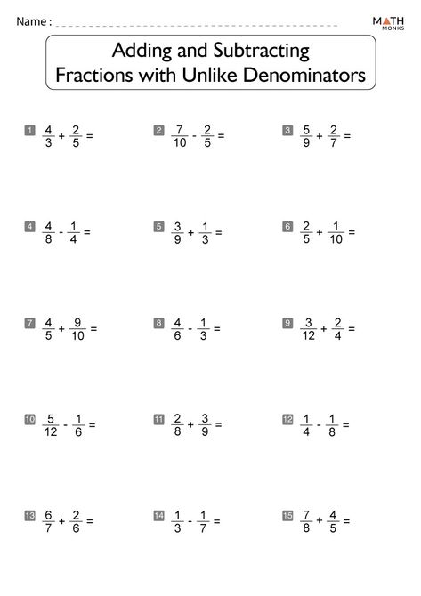 Subtracting Fractions Unlike Denominator, Adding Fractions With Unlike Denominator, Add Fractions With Unlike Denominators, Fractions With Unlike Denominators, Add Fractions, Subtract Fractions, Addition Of Fractions, Math Fact Worksheets, Add And Subtract Fractions