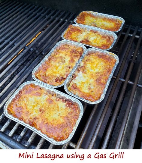 I’ve been addicted to my mom’s lasagna ever since I was knee-high to a grasshopper. Anita and I make my mom’s recipe often, though I admit we have changed it a bit over the years. And we sometimes even change up how we cook it. Usually, it’s baked in the oven. This time, we made two-person mini serving-sized portions and cooked them using a gas grill. Not only does cooking on the grill keep from heating up the house on a hot day, it also adds a little different flavor. Baking On A Grill, Lasagna On The Grill, Gas Grilling Recipes, Ribs On A Gas Grill, Lasagna On The Smoker, Grilled Ribs On Gas Grill, Reheating Lasagna, Camper Recipes, How To Cook Lasagna