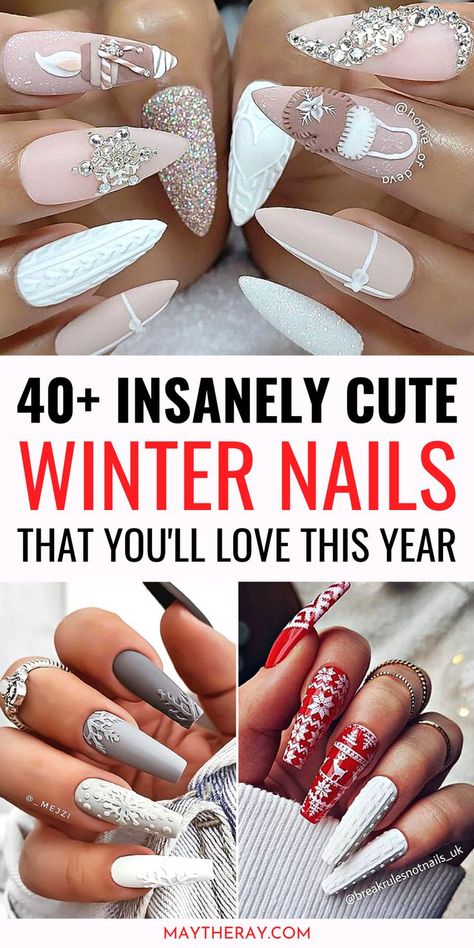 Winter Acrylic Nail Designs Coffin, Sweater Nails With Bling, Nails Inspiration Winter Square, Coffin Shape Nails Winter, January Stiletto Nails, Ombre Xmas Nails, Simple Sweater Nails, January Coffin Nail Designs, Sweater Winter Nails