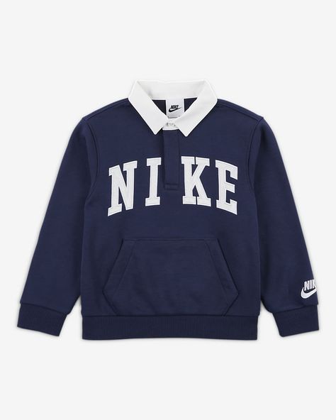 Nike Sportswear Club Little Kids' French Terry Long Sleeve Polo. Nike.com Wordmark Logo, Word Mark Logo, Midnight Navy, Long Sleeve Polo, Layered Look, Nike Sportswear, Kid Shoes, Kangaroo Pocket