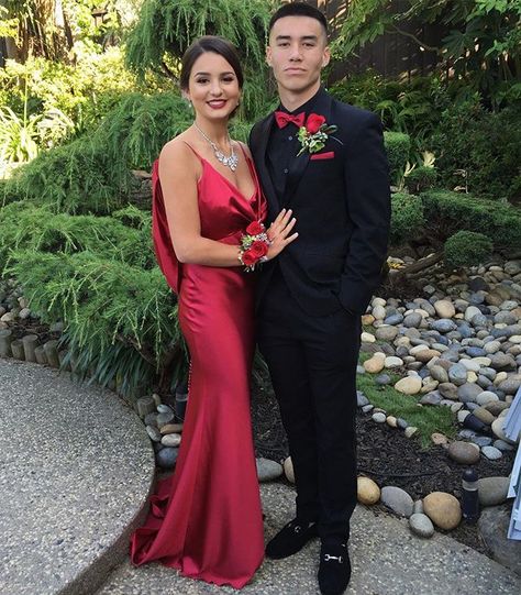 Red Prom Dress Tux Ideas, Red Prom Dress Matching Suit, Red Black Prom Couple, Red Prom Tuxedo, All Black Suit Prom, All Red Prom Couple, Red Tux Prom, Prom Couples Red, Black And Red Tux