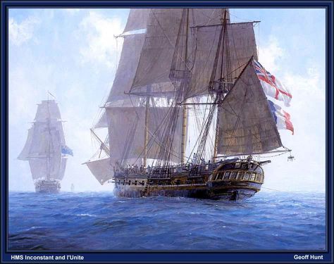 British HMS Inconstant and French l'Unite Hms Hood, Maritime Painting, Sail Ship, Marine Artist, Navi A Vela, Chic Tattoo, Uss Constitution, Pirate Ships, Old Sailing Ships