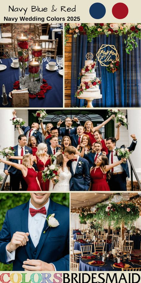 Navy blue and red for navy blue wedding colors 2025, red bridesmaid dresses, white bridal gown, navy blue groomsmen suits red ties, navy blue wedding tablecloth, red wedding napkins, red flowers of reception centerpieces and wedding cake décor, white wedding cake. #weddingcolors #weddingideas #navyweddings #colsbm #2025 #bridesmaiddresses #navybluewedding #redwedding #navyandred July 4 Wedding, Royal Blue And Red Wedding, Red And Navy Blue Wedding, Navy And Red Wedding, Burgundy And Blue Wedding, Burgundy And Navy Blue Wedding, Red And Blue Wedding, Blue And Red Wedding, Navy Blue Groomsmen