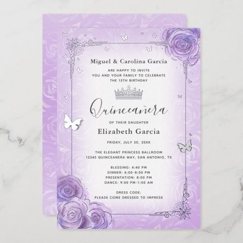 Purple Lilac Lavender Floral Quinceañera Silver Foil Invitation Butterfly Wedding Invitations, Butterfly Confetti, Scroll Invitation, Quince Invitations, Princess Birthday Invitations, Quinceanera Ideas, Sweet Sixteen Invitations, Lilac Lavender, Butterfly Wedding