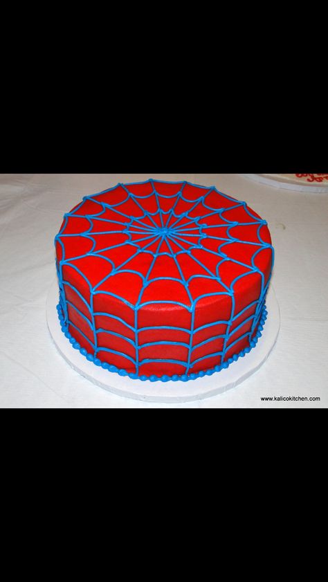 Blue and red spiderman spider web cake Blue Spider Man Cake, Spider Man Ice Cream Cake, Spidey Cake Diy, Spider Man Appetizers, Small Spider Man Cake, Spider Man Smash Cake, Spider Man And Friends Cake, Spiderman Second Birthday Party, Easy Spider Man Cake