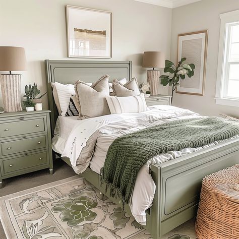 grey_and_sage_green_bedroom 15 Sage And Silver Bedroom, Sage Furniture Bedroom, Sage Bedroom Furniture, Sage Green Cottage Core Bedroom, Sage Guest Bedroom, Grey And Green Room, Green Natural Bedroom, Sage Green Bedroom Furniture, Grey And Sage Green Bedroom