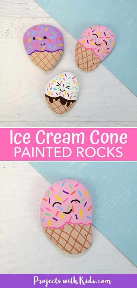 Puffy Paint Rocks, Ice Cream Painted Rocks, Toddler Rock Painting, Kids Art Projects Summer, Fun Summer Art Projects For Kids, Summer Holiday Crafts, Summer Diy Crafts For Kids, Rock Painting For Kids Easy, Easy Rock Painting Ideas Kids