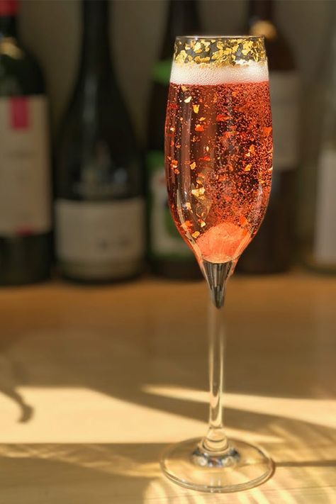 13 Winter Drinks That Will Knock the Cold Right Out of You #purewow #holiday #restaurants #cocktail #food #drink Rose Gold Drinks, Princess Cocktails, Silver Food, New Year's Drinks, Rose Drink, Rose Gold Cocktail, Cocktail Food, New Years Cocktails, Spiked Hot Chocolate