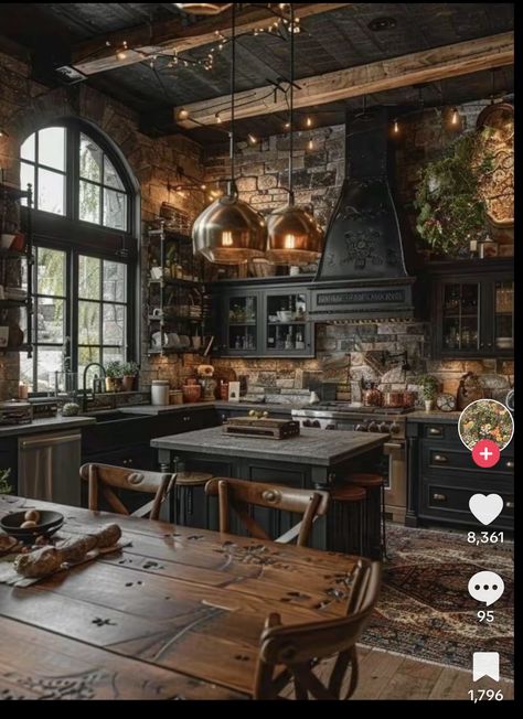 Gothic Kitchens, Gothic Kitchen Ideas, Dark Cottagecore House, Cottagecore House, Gothic Kitchen, Western Gothic, Wooden Beam, Cottagecore Home, Rustic Kitchen Design