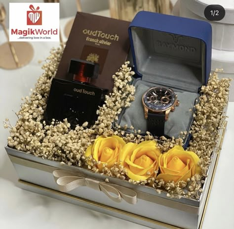 Watch Box Gift Packing Ideas, Clock Gift Ideas, Sweet Packing Ideas, Roka Ceremony Gifts For Groom, Wedding Taals Men, Perfume Gift Box Ideas For Men, Watch Box Gift Wrapping Ideas, Hamper For Groom, Flower Box Gift For Men