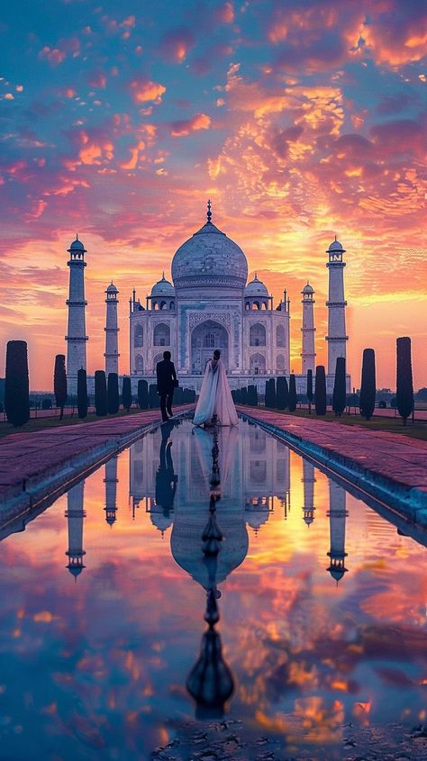 "Sunset Taj Mahal: A #couple stands before the #TajMahal at #sunset, with vibrant skies reflecting off the water. #romance #reflection #aiart #aiphoto #stockcake ⬇️ Download and 📝 Prompt 👉 https://stockcake.com/i/sunset-taj-mahal_969319_155360" Tajmahal Couple Photos, Taj Mahal Image, Castle House Design, Indian Theme, Cat City, The Taj Mahal, Travel Pictures Poses, Desi Aesthetic, Pictures Poses