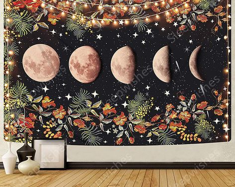 Create dream in your room by Sleepwishes on Etsy Tapestry Flower, Moonlit Garden, Star Tapestry, Picnic Tablecloth, Flower Tapestry, Moon Tapestry, Colorful Tapestry, Floral Moon, Tapestry Art