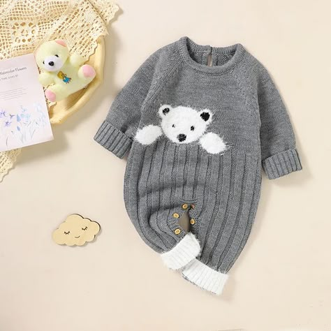 Products Knitted Teddy Bear, Pull Bebe, Baby Boy Clothing Sets, Jacquard Design, Baby Frocks Designs, Baby Boy Romper, Newborn Outfit, Knitted Romper, Knitting Girls