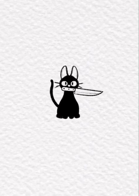 Cat Tattoo Drawing - Animal Tattoo Cute littl Black Cat With Knife Tattoo, Cat Fishing Tattoo, Grunge Cat Tattoo, Creative Cat Tattoo, Animal Holding Knife Tattoo, Cat Holding Knife Tattoo, Cat Knife Tattoo, Cat Wine Glass Tattoo, Cat With Knife Drawing