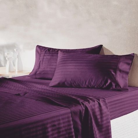 Elevate your bedroom with our luxurious Purple Stripes Bedding Collection. 💜✨ Experience the perfect blend of style and comfort as you dive into a sea of softness and sophistication. Transform your sleep sanctuary into a haven of relaxation with our premium bedding essentials. #auradec0r #bedroombliss #purplestripes #luxurybedding Purple Bedsheet, Purple Bedding Full, Purple Satin Bedding, Silk Bedding Set Purple, Dark Purple Sheet Set, Sleep Sanctuary, Striped Bedding, Bedroom Bliss, Bedding Essentials