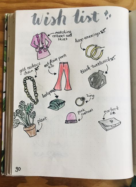 Bullet journal wishlist👗👠👚 Wishlist Bullet Journal, Journal Wishlist, Bullet Journal Wishlist, Journal Clothes, Bullet Journal September, Pant Chains, Bullet Journal Weekly Spread, Journaling Scrapbooking, Bullet Journal Doodles