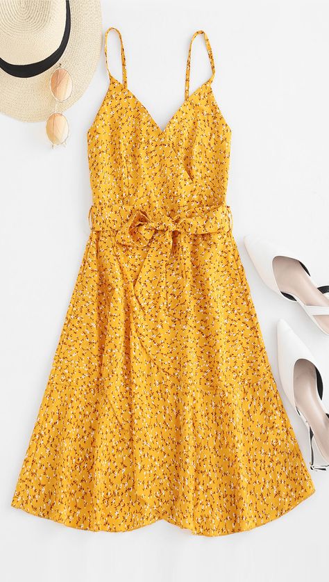 2019 Yellow print sundress Cami Dress Style: Fashion  Occasion: Day  Material: Polyester  Silhouette: A-Line  Dress Type: Surplice Dress  Dresses Length: Mini  Collar-line: Spaghetti Strap  Sleeves Length: Sleeveless Cute Mini Dresses, Pig Dress, Yellow Sundress, Spring Yellow, Surplice Dress, Summer Black Dress, Mini Cami Dress, Flounced Dress, Short Styles