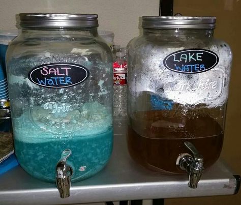 Salt water & Lake water drinks for Elephant, Camo, Fishing theme baby shower (Lake water = tea & salt water = 1/2 blue Hawaiian punch, pint of vanilla ice cream, and fill the rest of container with sprite.  The sprite will slowly melt the ice cream and that causes the white foam) Baby Shower Ideas For Boys Themes, Fishing Baby Shower Theme, Fishing Themed Birthday Party, Baby Shower Fishing, Baby Shower Ideas For Boys, Baby Shower Camo, Lake Party, Fishing Birthday Party, Ideas Baby Shower