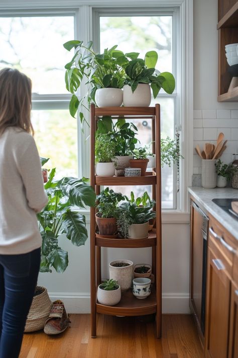 A woman stands near a wooden shelf filled with various potted plants by a window. Kitchen Plant Stand, Plant Shelving Indoor, Kitchen Windowsill Plants, Plant Shelf Styling, Apartments With Plants, Plants In Apartment Ideas, Plants Near Window, Plants On Top Of Kitchen Cabinets, How To Display Plants Indoors