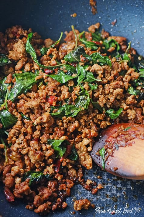 Pork And Basil Recipes, Pad Krapow Gai, Thai Pork Basil Recipe, Spicy Thai Basil Ground Pork, Ground Pork Thai Recipes, Thai Buffet Ideas, Thai Pork Stir Fry Recipes, Pork Pad Thai Recipe, Pad Kaprow Thai Basil