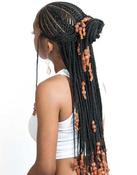 Cornrows with Artistic Beaded Twisted Bun Braids And Beads, Trendy We Fryzurach, Ghana Weaving, Cabello Afro Natural, Weave Hair, Hair Twist, Long Box Braids, Afrikaanse Mode, Twist Styles