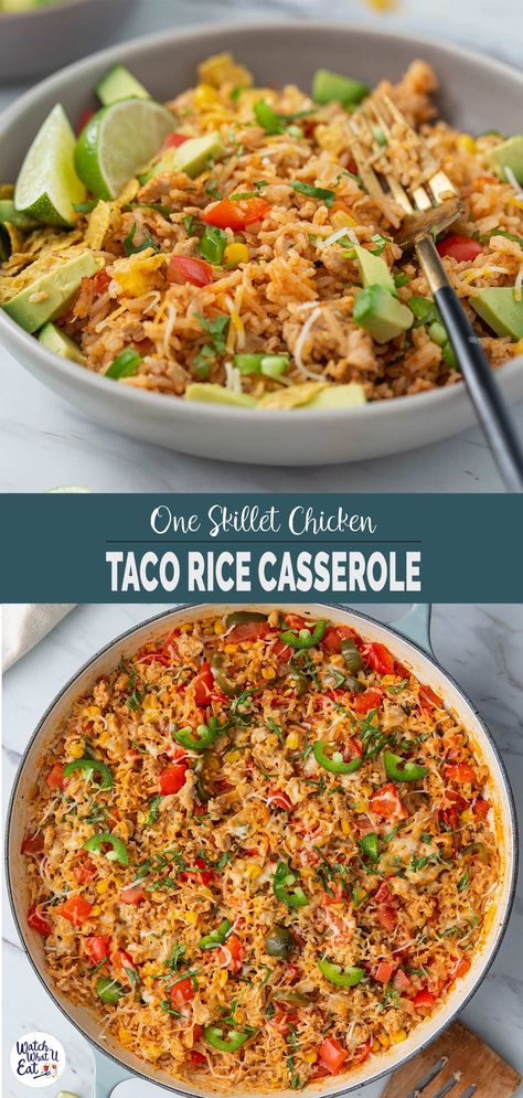 Healthy chicken taco rice casserole is prepared using ground chicken, white rice, veggies and cheese, all in one skillet. It is full with Mexican flavors and perfect for a quick and easy lunch or dinner meal. Ground Chicken With Rice, Meals With White Rice, Ground Chicken And Rice, Chicken Taco Rice, Taco Rice Casserole, Ground Chicken Casserole, One Pot Rice Meals, Ground Chicken Tacos, Chicken Taco Casserole