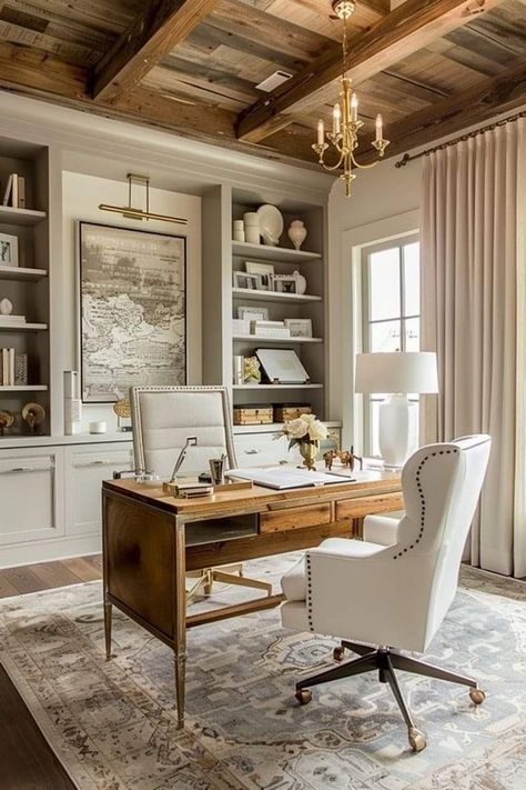 Feminine Study Room, Dark Wood Floor Office, Old Money Office Design, Flex Office Space, Built In Office Shelves, English Style Office, Old Money Aesthetic Office, English Country Office, At Home Office Ideas For Women