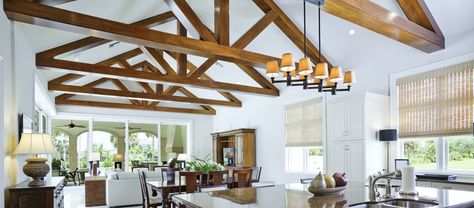 feature trusses Sloped Ceiling Lighting, Painted Ceiling Beams, Stained Wood Beams, Vaulted Ceiling Ideas, Vaulted Ceiling Lighting, Exposed Trusses, Vaulted Ceiling Kitchen, Wooden Beams Ceiling, Kitchen Design Open