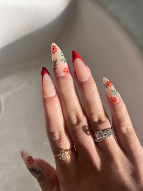 White And Flower Nails, Spring Nail Sets Almond, Spanish Style Nails, French With Flowers Nails, Guatemala Nails, Red Rose Nail Design, Medium Square Nails Designs, Mexico Nail Ideas, French Tip Flowers