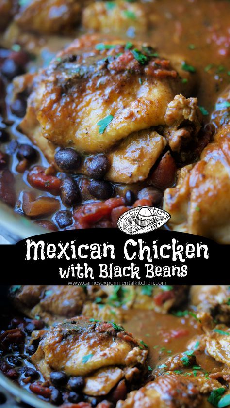 Chicken thighs prepared Mexican style in a skillet with black beans, fire roasted tomatoes, taco seasoning and fresh cilantro. Mexican Dishes With Chicken, Mexican Chicken Thighs, Chicken With Black Beans, Baked Sweet Potato Casserole, Chicken With Prosciutto, Bird Recipes, Beans In Crockpot, Crockpot Chicken Thighs, Dead Bird