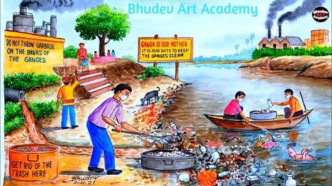 Ganga River Pollution, Water Pollution Drawing, Pollution Drawing, River Pollution, Save Water Poster Drawing, How To Draw Water, Beautiful Scenery Drawing, Water Sketch, Memory Illustration