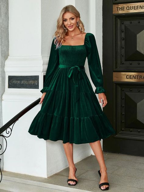 Simplee Square Neck Flounce Sleeve Ruffle Hem Belted Velvet Dress | SHEIN USA Sleeved Velvet Dress, Mini Wedding Dresses, Backless Long Dress, Floral Lace Blouse, Long Sleeve Velvet Dress, Wedding Dress With Pockets, Long Tank Tops, Army Fashion, Holiday Party Dresses