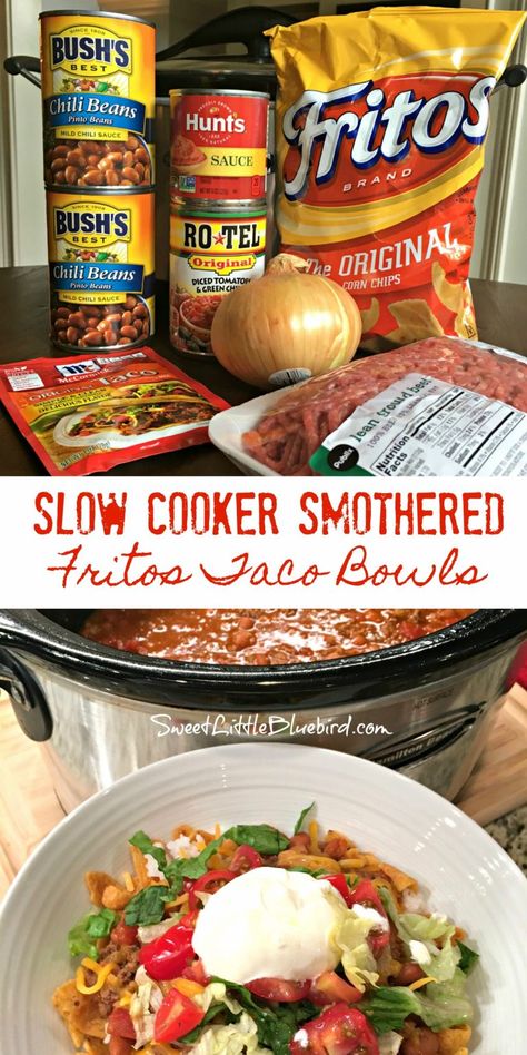 SLOW COOKER SMOTHERED FRITOS TACO BOWLS - Sweet Little Bluebird Fritos Taco Bowls, Meals Crockpot, Beef Crockpot, Wallpaper Food, Walking Tacos, Taco Bowls, Crowd Pleasing Recipes, Crockpot Dishes, Recipes Beef