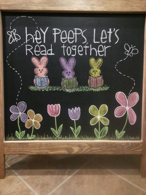 April chalkboard library display Hey Peeps! April White Board Ideas, Easter Library Display Ideas, Library Window Art, Spring Library Display Ideas, April Library Bulletin Board Ideas, Spring Reading Bulletin Boards, Spring Library Displays, Easter Library Displays, April Library Bulletin Boards