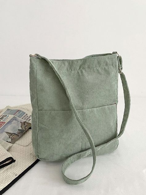 Olivia Mark - Corduroy Snap Button Square Bag - Women Crossbody Color: Green,Strap Type: Adjustable,Pattern Type: Plain,Style: Preppy,Bag Size: Large,Quantity: 1 piece,Type: Square Bag,Composition: 100% Cotton,Material: Corduroy attr_name: , Bag Width: 4.7 inch, Bag Height: 15 inch, Bag Length: 13.8 inch, Strap Length: Corduroy Bag Totes, Green Preppy, Pretty Tote Bags, Preppy Bags, Stylish School Bags, Street Style Bags, Handpainted Bags, Diy Leather Bag, Game Environment