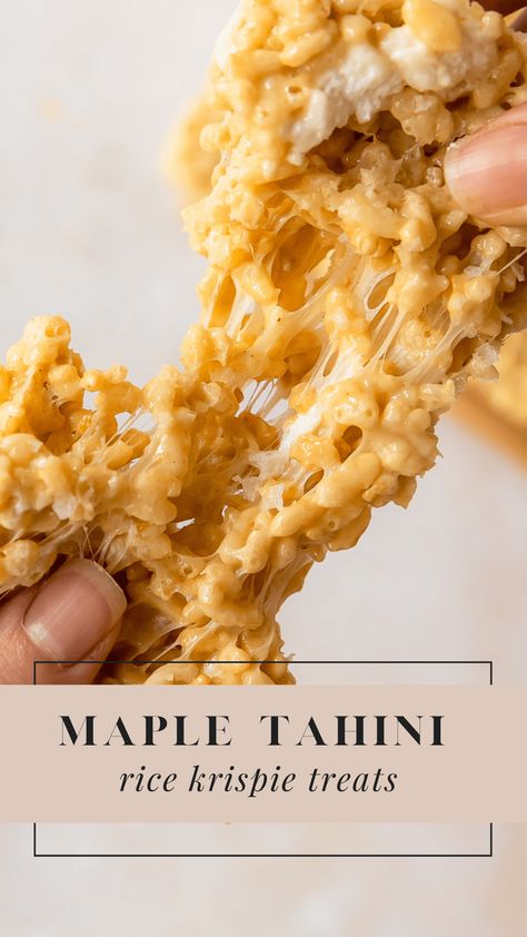 maple tahini rice krispie treats Tahini Rice Krispies, Chai Spiced Rice Krispie Treats, Savory Rice Crispy Recipes, Coffee Rice Krispie Treats, Rice Krispie Treats Christmas Recipes, Sesame Rice Krispie Treats, Krispy Treats Ideas, Rice Krispie Treats Vegan, Healthier Rice Krispie Treats