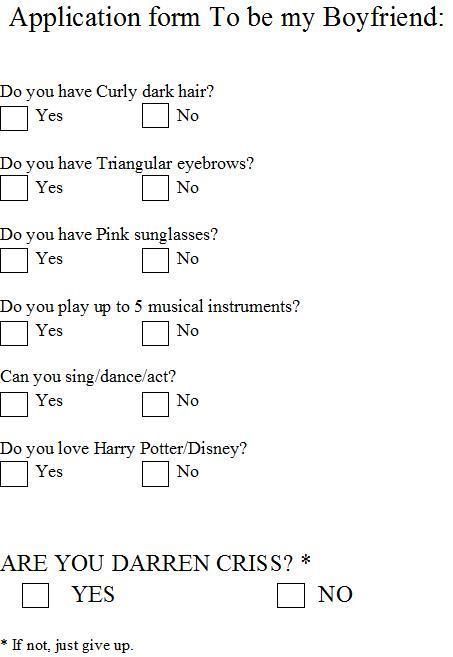 Lol maybe this is the reason I'm still single... Husband Application Form, Boyfriend Application, Be My Boyfriend, Glee Funny, Funny Awards, Blaine Anderson, Very Potter Musical, Chris Colfer, Bad Jokes